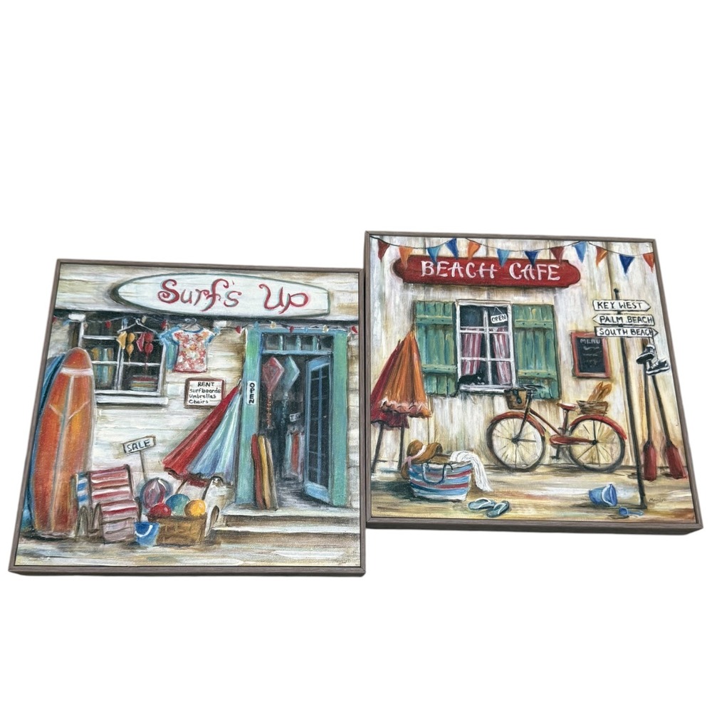 Kirklands Beach Cafe Surf Shop Framed Wall Art Set of 2 Coastal Decor 12x12